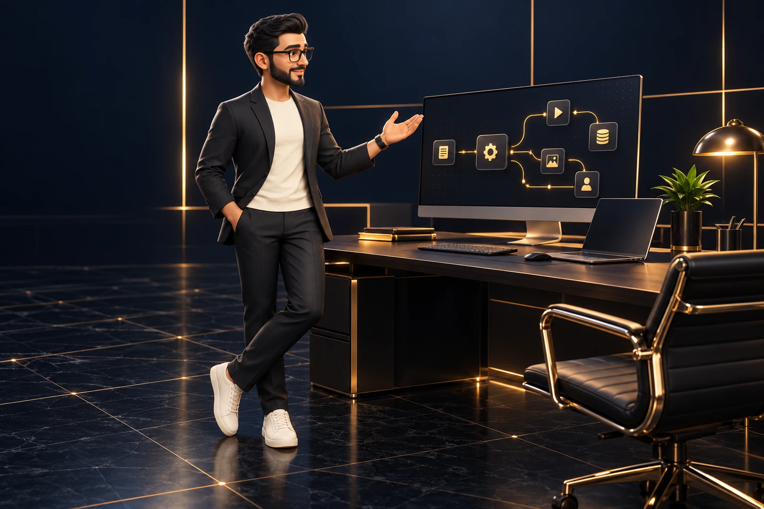 Mature stylized 3D automation developer beside a professional workstation